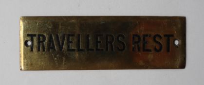 Railwayana - A brass signal box shelfplate "TRAVELLERS REST", 12 x 3.