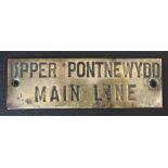 Railwayana - A brass signal box shelfplate "UPPER PONTNEWYDD MAIN LINE", 12 x 3.