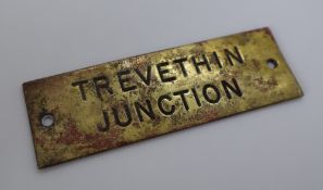 Railwayana - A brass signal box shelfplate "TREVETHIN JUNCTION", 12 x 3.