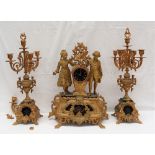 A 19th century French gilt spelter clock garniture, depicting two figures,