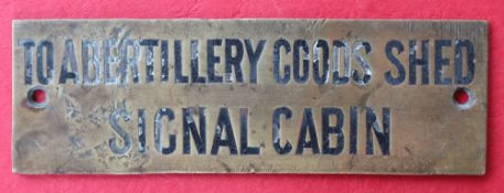 Railwayana - A brass signal box shelfplate "TO ABERTILLERY GOODS SHED SIGNAL CABIN", 12 x 3.