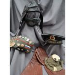 A pair of World War II leather flight gloves together with a pair of goggles, mask cover,