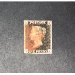 A Great Britain Penny Black, plate 10, lettered QE and cancelled in red,