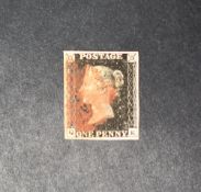 A Great Britain Penny Black, plate 10, lettered QE and cancelled in red,