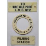 Railwayana - A plastic signal box shelfplate "TO NINE MILE POINT L.M.S. No.2", 11.5 x 3.