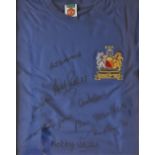 A replica Wembley 1968 shirt, bears eight signatures, including Pat Crerand, John Aston,