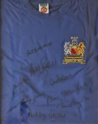 A replica Wembley 1968 shirt, bears eight signatures, including Pat Crerand, John Aston,