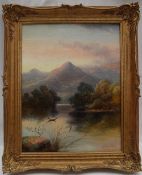 Sidney Lee A loch scene with a mountainous landscape beyond Oil on canvas Signed 44 x 34cm