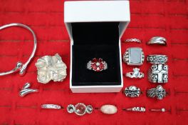 A silver ring together with a collection of skull rings,