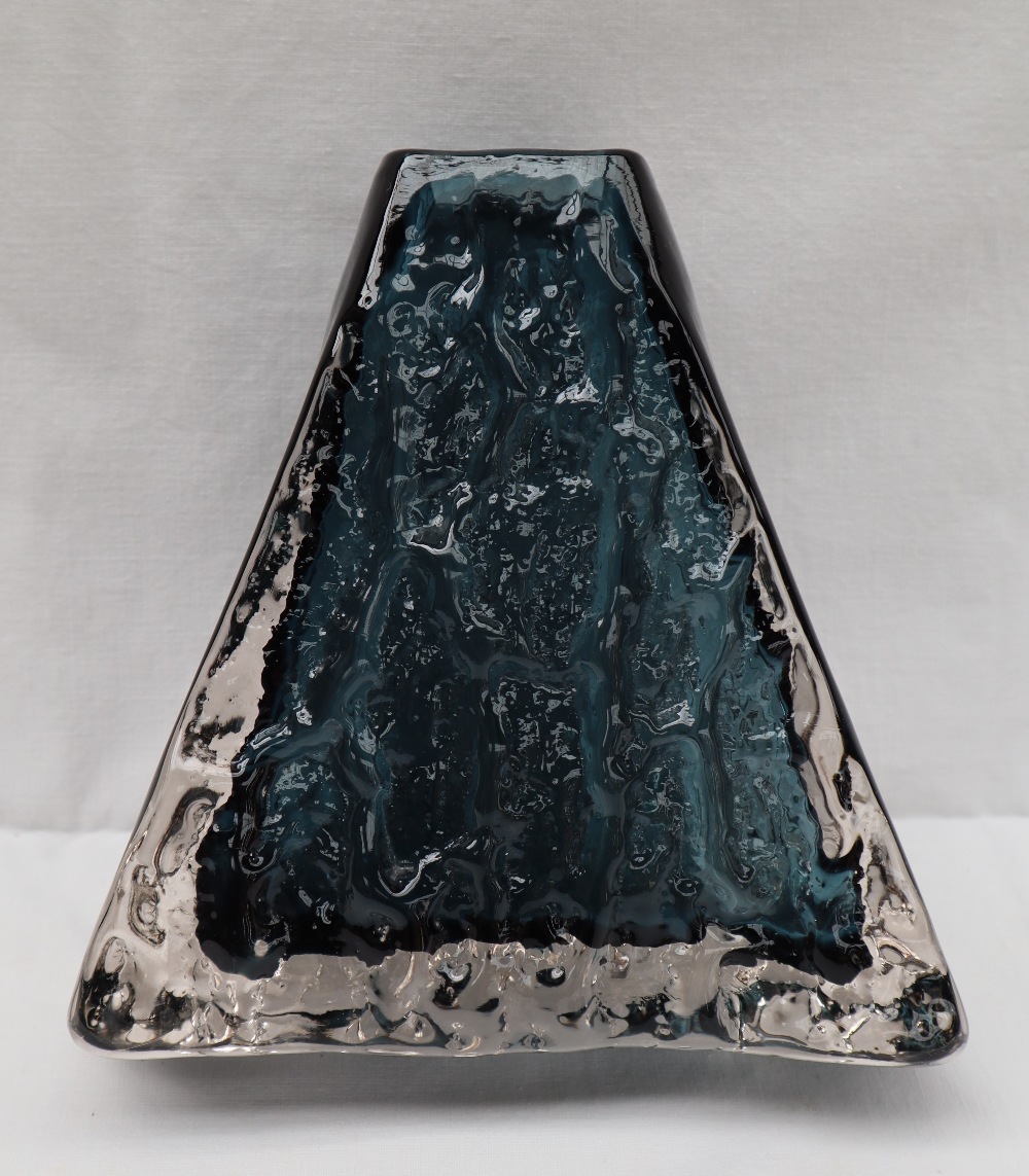 A Whitefriars glass pyramid vase of triangular textured form, by Geoffrey Baxter, in turquoise, 17. - Image 3 of 5