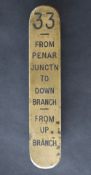 Railwayana - A brass signal lever plate - "33 - FROM PENAR JUNCT'N TO DOWN BRANCH - FROM UP BRANCH"