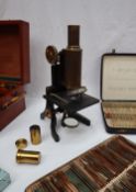 A J Swift & Son, London, black lacquer and brass monocular microscope,