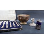 An Edward VII silver pedestal bowl, Sheffield, 1903, together with silver cased knives and forks,