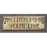 Railwayana - A brass signal box shelfplate "LYDNEY ENGINE SHED BOX MAIN LINE", 12 x 3.