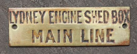 Railwayana - A brass signal box shelfplate "LYDNEY ENGINE SHED BOX MAIN LINE", 12 x 3.