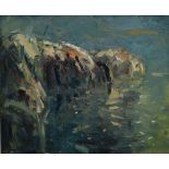 Gareth Parry Mor a chreigiau, Goleuwyrch Sea and Cliffs, afterglow Oil on canvas 50 x 60cm Signed,