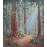 Frank Montague Moore A woodland with sunlight streaming through Oil on board Signed 80 x70cm