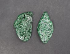 A Jadeite carved rabbit and berries panel together with a jadeite leaves and fruit carved panel