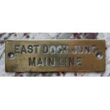 Railwayana - A brass signal box shelfplate "EAST DOCK JUNC MAIN LINE", 12 x 3.