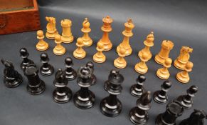 A boxwood and ebonised Staunton pattern chess set, with weighted bases, king 87mm high,