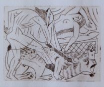 After David Jones The lion and the farmer An etching 62mm x 80mm