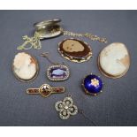 A blue enamel and opal set brooch together with a 9ct gold cameo brooch,