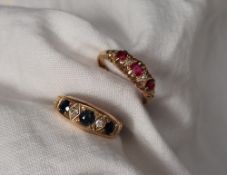 An 18ct yellow gold sapphire and diamond ring together with an 18ct yellow gold ruby and diamond
