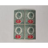 A block of four Great Britain 1905 chalky paper 2d pale grey-green and carmine red stamps on