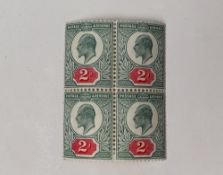 A block of four Great Britain 1905 chalky paper 2d pale grey-green and carmine red stamps on