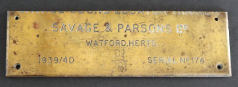 A brass plaque for Savage & Parsons Ltd, Watford Herts, 1939/40, Serial No.