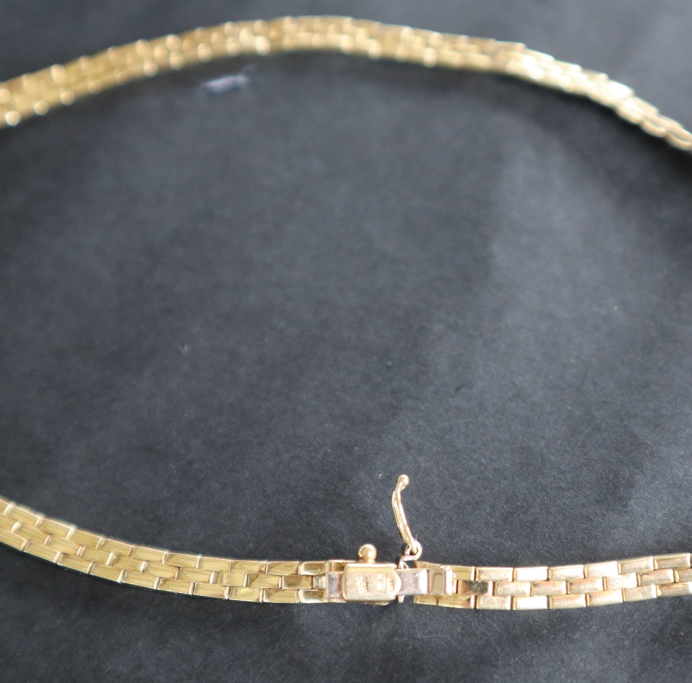 A 14ct yellow gold necklace, with three rows of rectangular links, 42. - Image 3 of 3