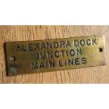 Railwayana - A brass signal box shelfplate "ALEXANDRA DOCK JUNCTION MAIN LINES", 11.9 x 3.