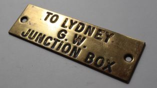 Railwayana - A brass signal box shelfplate "TO LYDNEY G.W. JUNCTION BOX", 11.9 x 3.