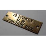 Railwayana - A brass signal box shelfplate "TO LYDNEY G.W. JUNCTION BOX", 11.9 x 3.