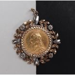A Victorian gold sovereign, dated 1889, in a 9ct gold pendant mount,