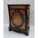 An ebonised red tortoiseshell and brass inlaid boulle side cabinet, with a marble top,
