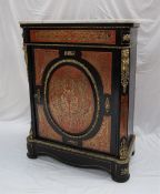 An ebonised red tortoiseshell and brass inlaid boulle side cabinet, with a marble top,