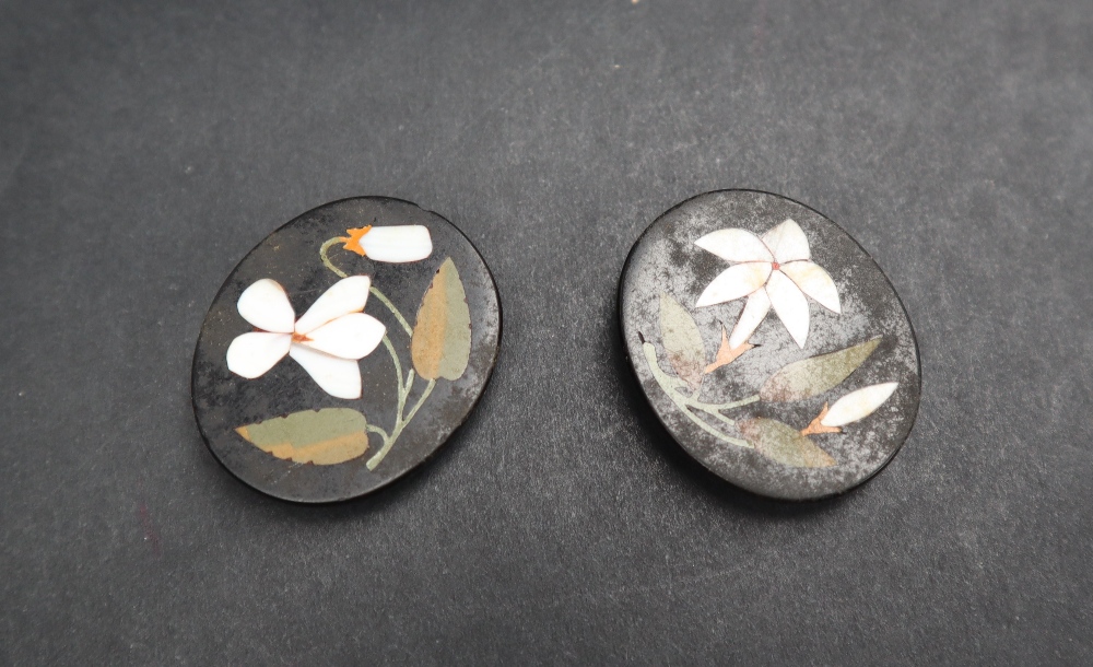A pair of Pietra Dura panels depicting snow drops, together with French enamel buttons, - Image 3 of 6
