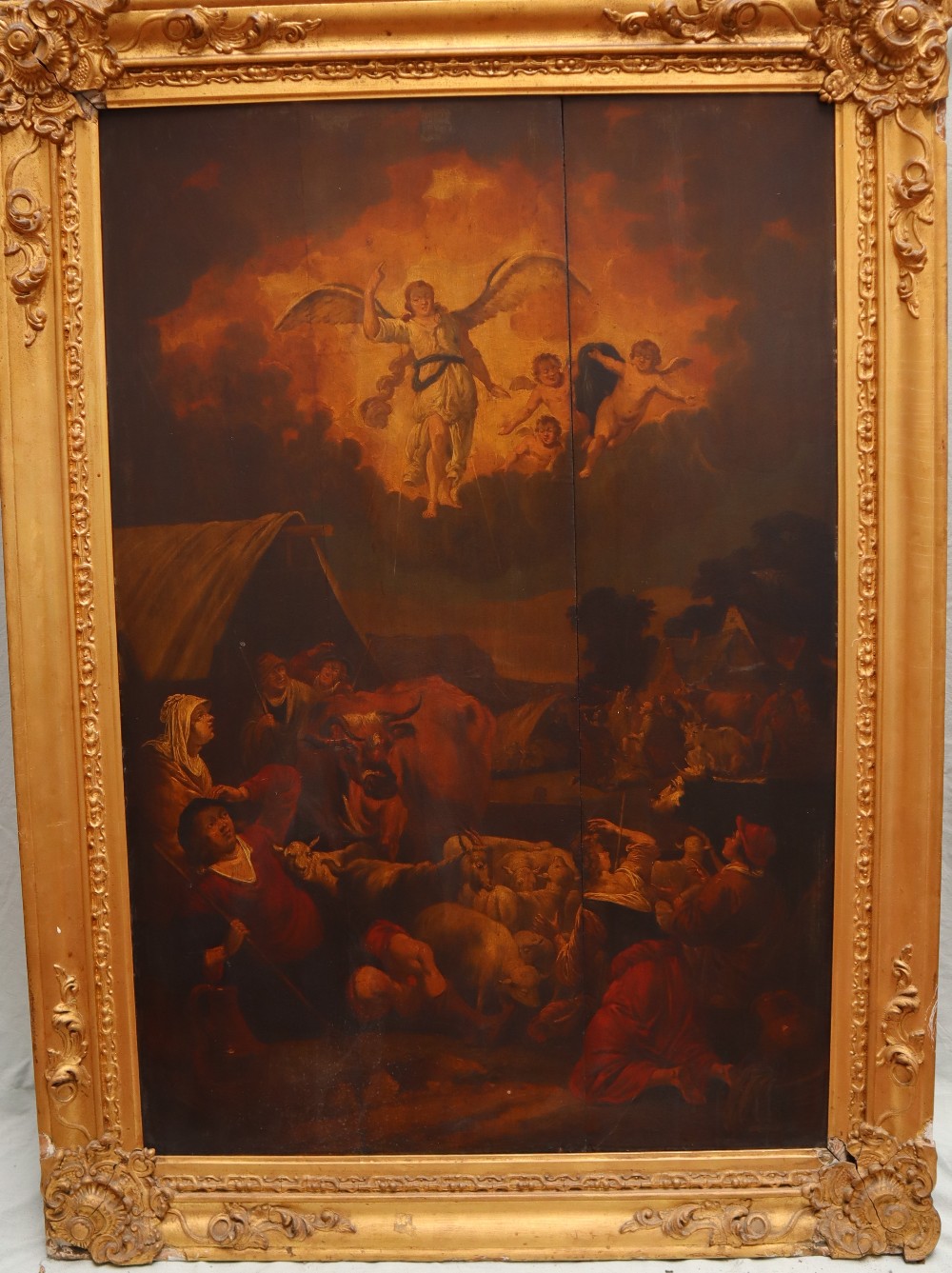 19th Century British School The Angel Gabriel presents himself to the shepherds Oil on Board 105 x