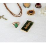 A 9ct gold jade panel ring together with a Chinese jade pendant and assorted costume jewellery