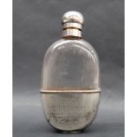 A George V silver and glass hip flask, inscribed "Mr R.W.