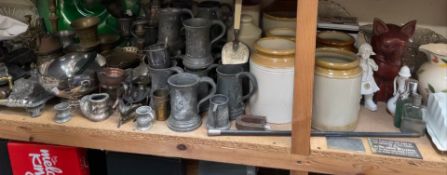 A large lot including storage jars, jugs, treen, pewter tankards,