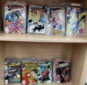 A large collection of Marvel comics including The Complete Spider-Man, Web of Spider-Man,