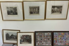 Assorted decorative prints and framed cigarette cards