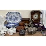 A Colandine pattern blue and white meat plate together with other blue and white plates,