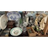 Blue and white colandine pattern meat plates together with drinking glasses, jewellery boxes,
