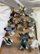 Assorted continental porcelain bird figures together with Lladro polar bear,