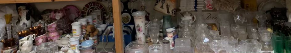 A large lot including drinking glasses, pottery jugs, continental table centrepieces, part tea sets,