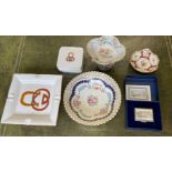 Royal Crown Derby miniatures together with a part tea set, glass dressing table set,