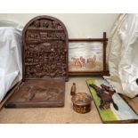 A carved panel of a shire horse together with a carved panel of Romany travellers, fern box,